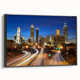 Black and white framed canvas of Atlanta skyline, ideal for bedroom wall art.