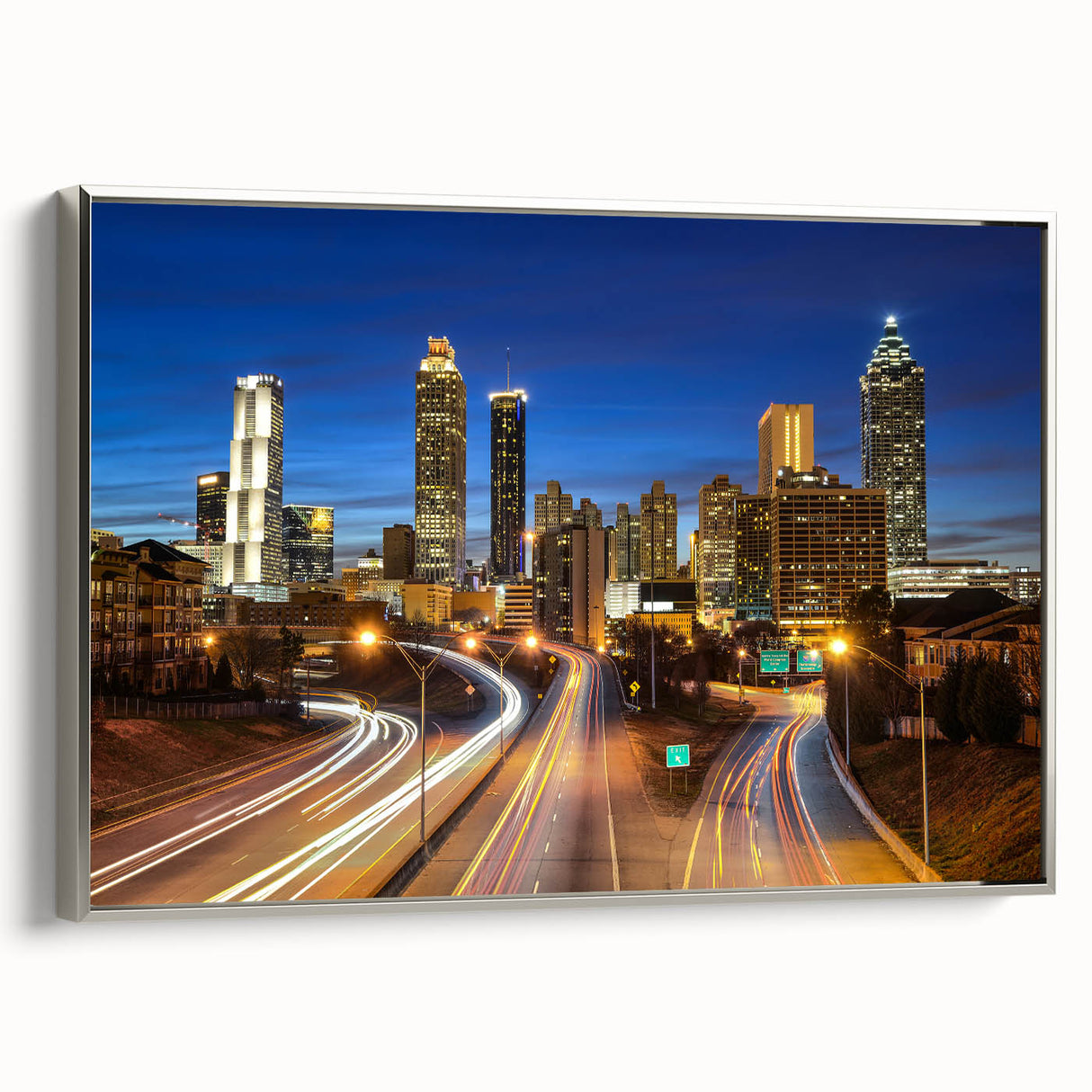 Framed canvas landscape art painting featuring a vintage-style Atlanta skyline in black with colorful accents.
