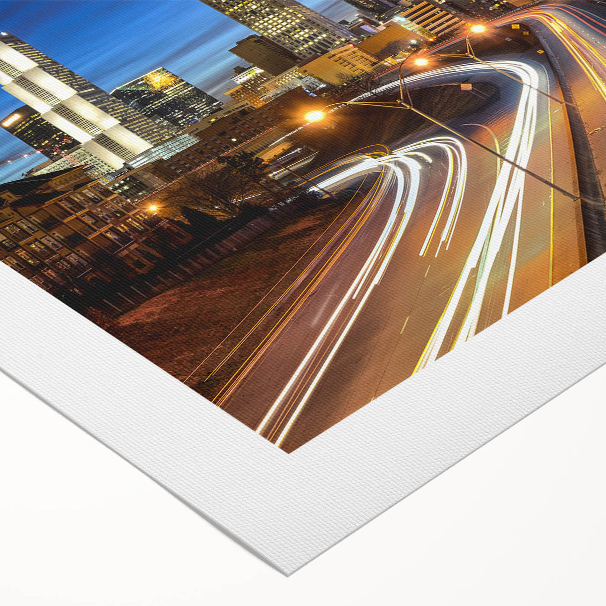 Art deco poster of Atlanta skyline in muted pastel shades on rolled canvas, suitable for dining room wall art.