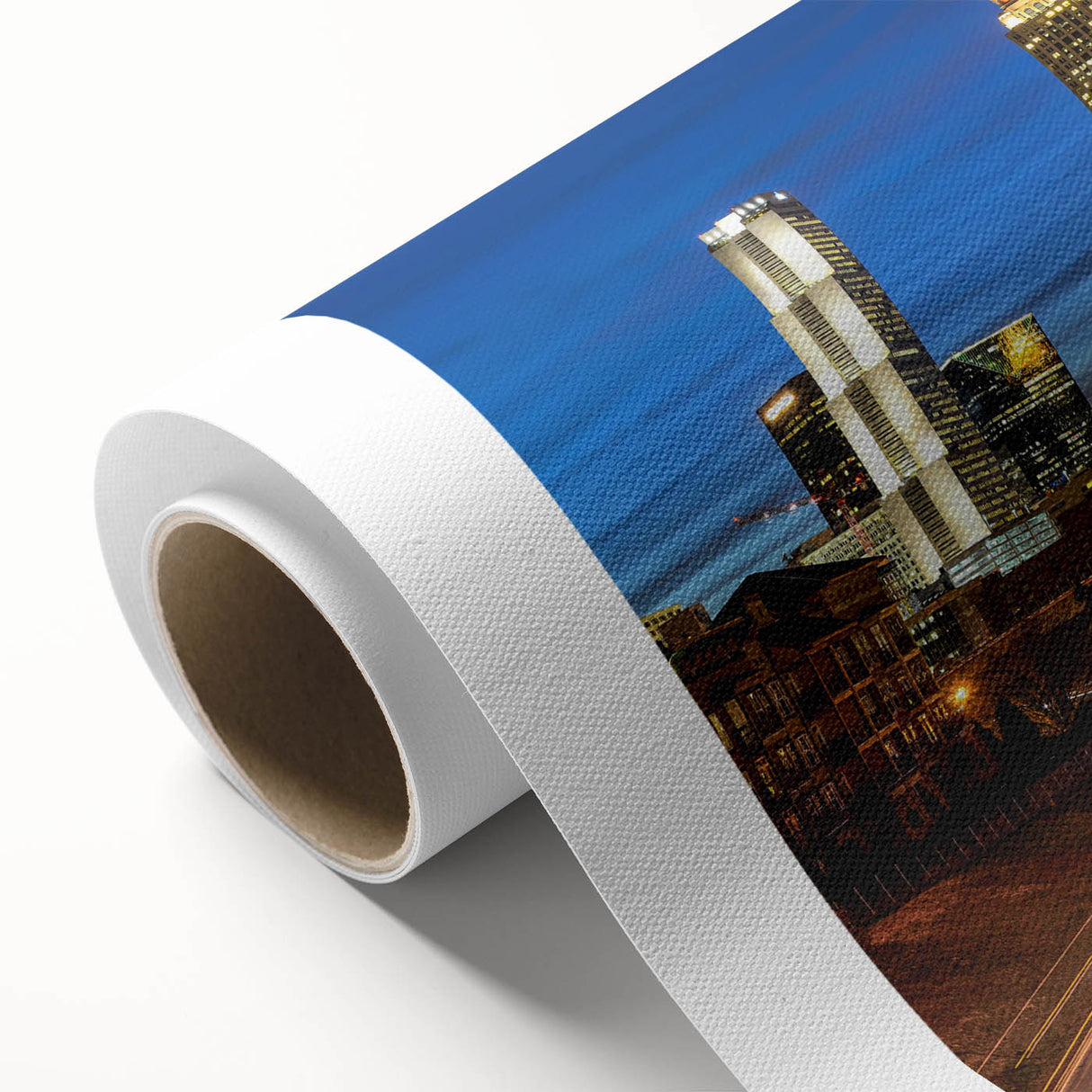 Art Deco poster of Atlanta skyline in muted gold and blue tones on rolled canvas, ideal for nursery wall art.
