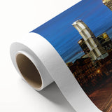 Art Deco poster of Atlanta skyline in muted gold and blue tones on rolled canvas, ideal for nursery wall art.