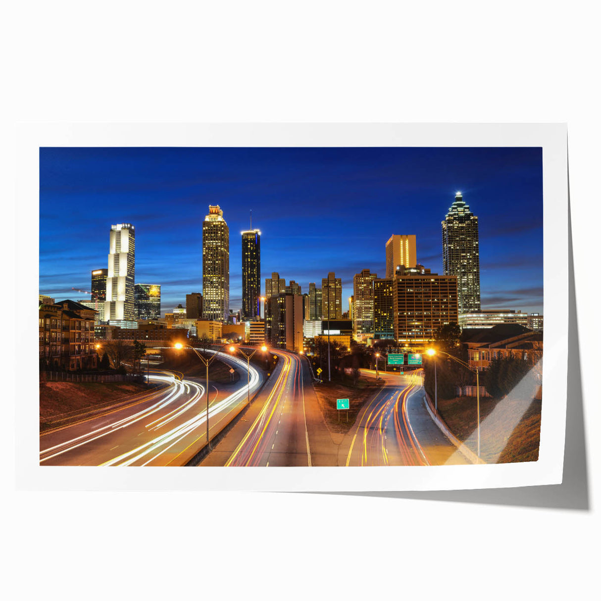 Atlanta skyline in muted gray and blue tones on a large rolled canvas, suitable for art wall dining room.