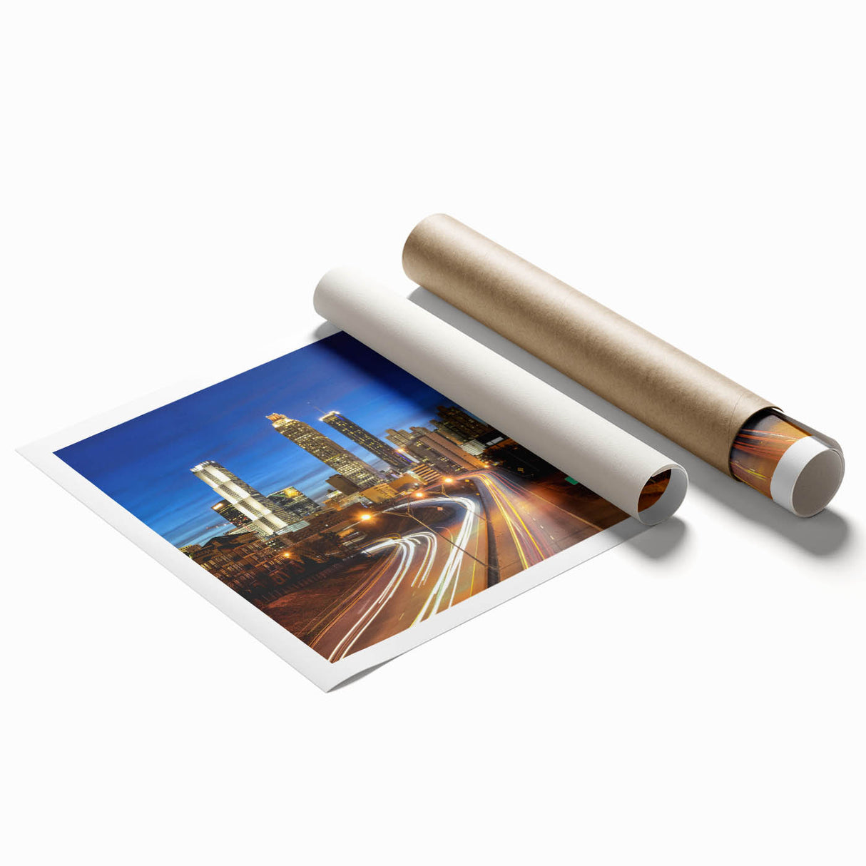 Extra large rolled print of Atlanta skyline in muted gray and blue tones, ideal for classy bathroom wall art.