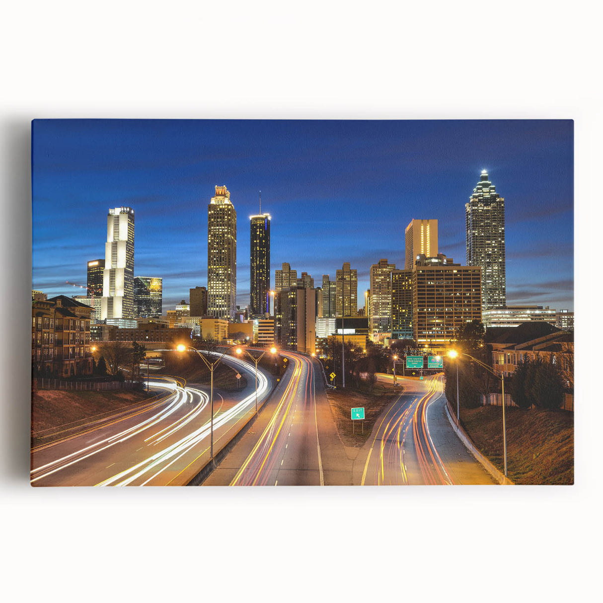 Black and white stretched canvas of Atlanta skyline, ideal for kitchen wall art.