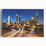Black and white stretched canvas of Atlanta skyline, ideal for kitchen wall art.