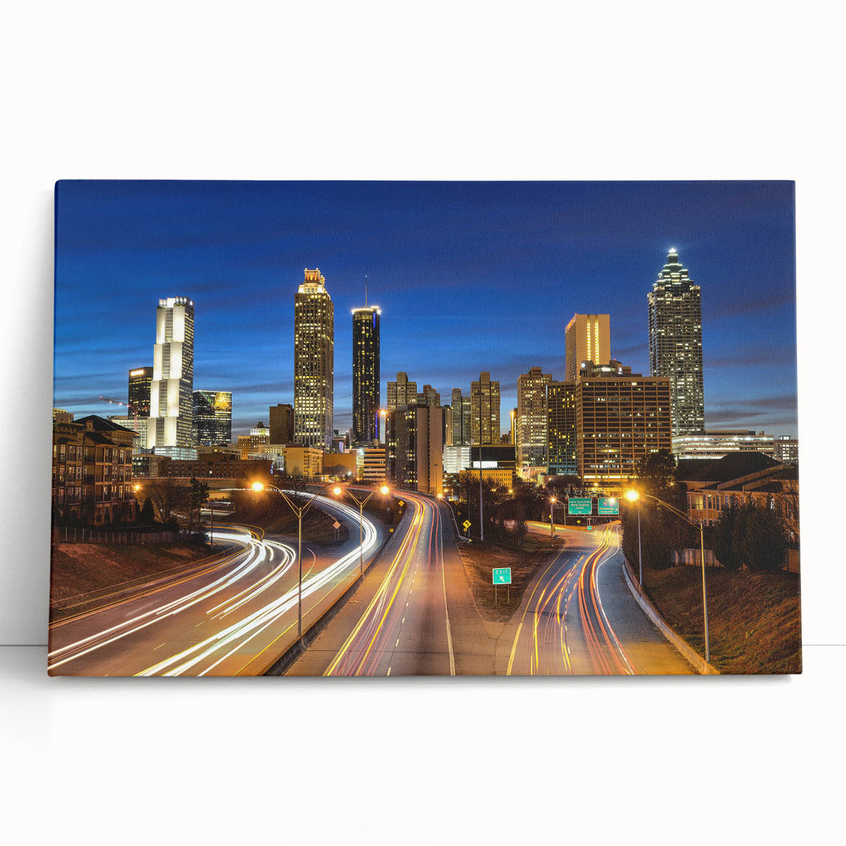 Black and white stretched canvas of the Atlanta skyline, ideal for kitchen wall art or bedroom ambiance.