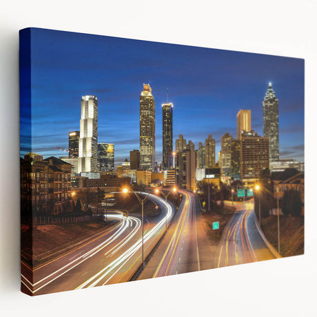 Atlanta skyline depicted in muted colors on a large stretched canvas, suitable for kitchen wall art.