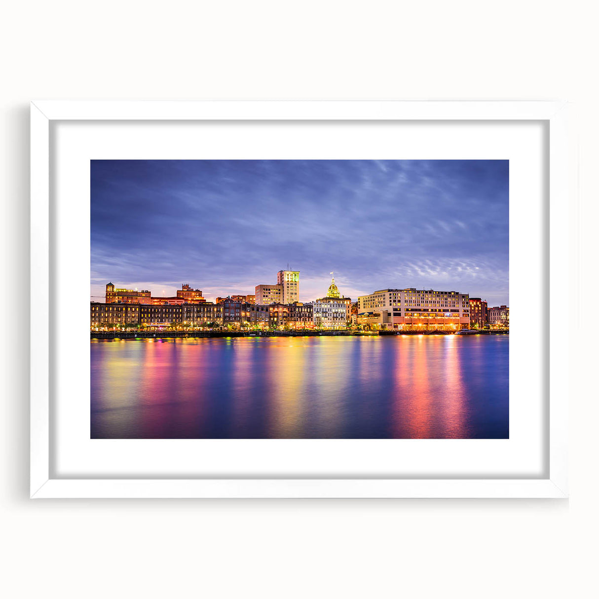 Abstract art print of Savannah landscape in muted green and blue tones on a framed white canvas, ideal for dining room art.