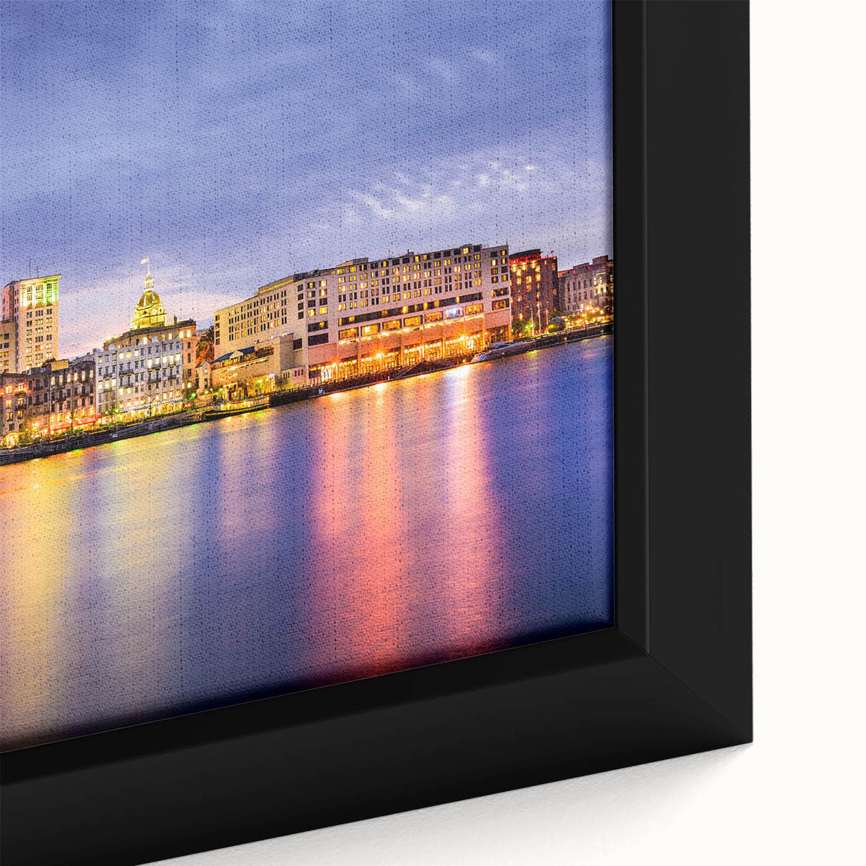 Framed canvas featuring a textured depiction of Savannah, Georgia, in black with colorful highlights.