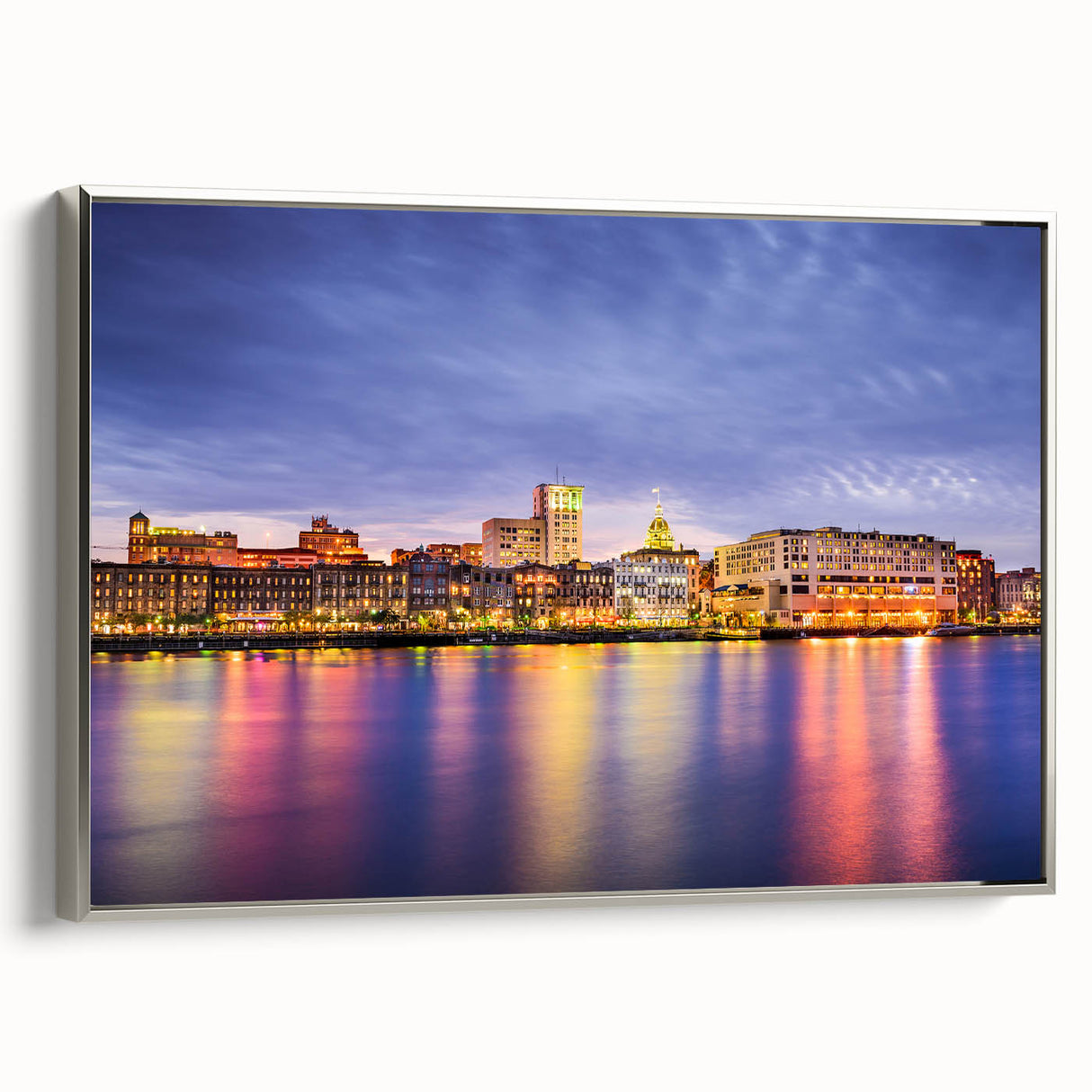 Framed canvas of Savannah, Georgia landscape with colorful vintage-style poster art on a black background.