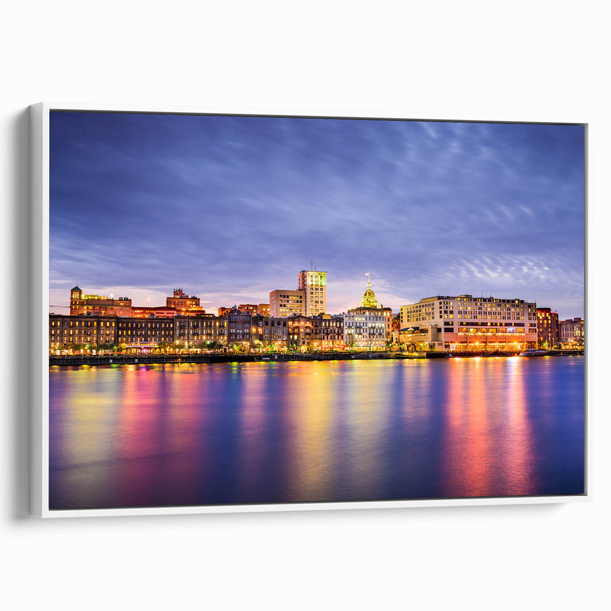 Framed canvas of vintage Savannah poster art in muted colors, ideal for living room decor.