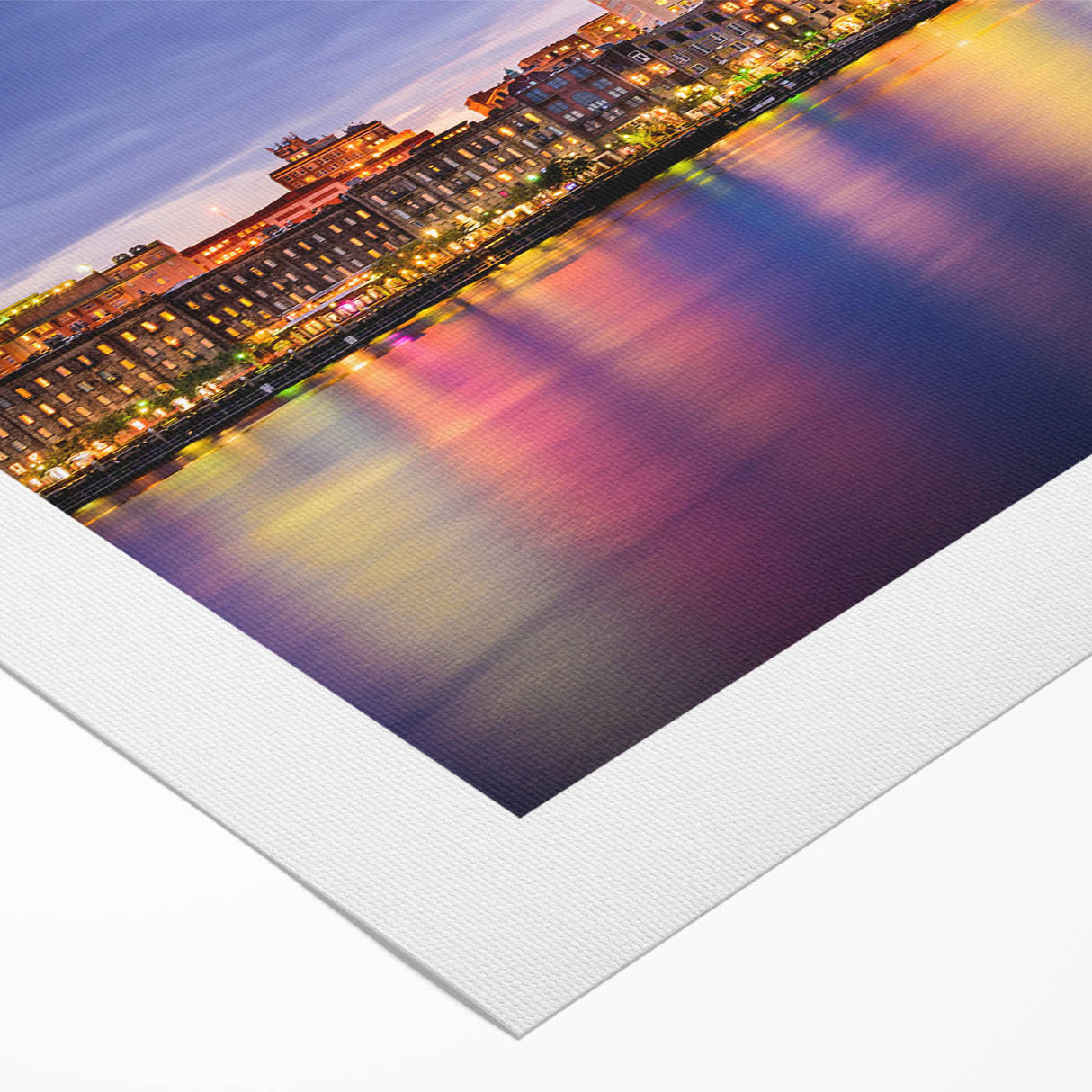 Art deco poster of Savannah skyline in soft pastel hues on rolled canvas, suitable for dining room wall art.