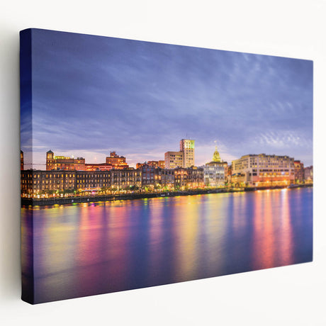 Large stretched canvas depicting a serene Savannah landscape in soft green and blue tones, suitable for kitchen wall art.