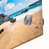 Large abstract wall art of Kauai's coastline in muted blue and green tones on acrylic glass.