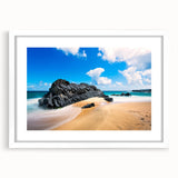 Abstract art print of Kauai landscape in muted green and blue tones, framed with a white mat.