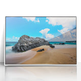 Art Deco poster of Kauai landscape in muted green and blue tones, framed acrylic, ideal for modern nursery wall decor.