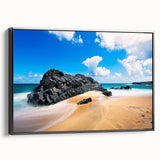 Black and white framed canvas of Kauai landscape, vintage poster style, ideal for bedroom wall art.