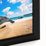 Extra large framed canvas featuring a textured depiction of Kauai's scenery with vibrant, colorful art on a black background.