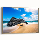 Framed canvas of a vintage-style landscape painting depicting Kauai, Hawaii, with muted gold and black tones.