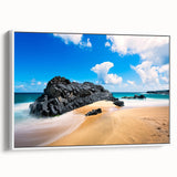 Vintage poster art of Kauai landscape on extra large framed canvas, featuring colorful imagery and black border.