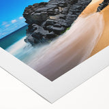 Art Deco poster of Kauai, Hawaii landscape in muted green and blue tones on rolled canvas, suitable for dining room decor.