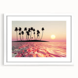 Abstract art print of a Maui landscape in muted green and blue tones, framed with a white mat.