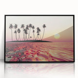 Large abstract wall art depicting a vibrant Maui landscape in mid-century modernist style on black framed acrylic.