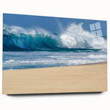 Large abstract wall art depicting Oahu, Hawaii, in muted blue and green tones on acrylic glass.