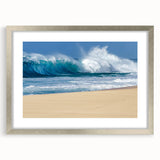 Textured art of abstract Oahu landscape in cool blue and green hues on a framed silver mat, suitable for bedroom decor.