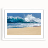 Abstract art print of Oahu's scenery in muted blue and green tones on a white framed mat, ideal for dining room decor.