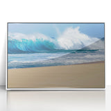 Art deco poster of Oahu, Hawaii, with vibrant blue and green tones on white framed acrylic.