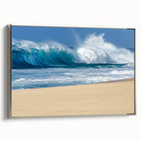 Framed canvas of a vintage-style landscape painting depicting Oahu, Hawaii, with vibrant color accents.