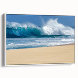 Vintage poster art of Oahu, Hawaii in vibrant colors on a large framed canvas, ideal for living room decor.