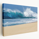 Side view of a large stretched canvas depicting Oahu's coastline in soft pastel shades, suitable for kitchen wall art.