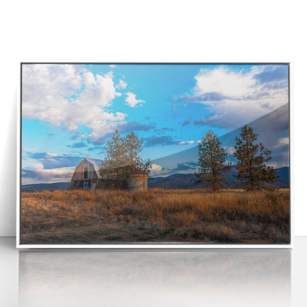 Art deco poster of Idaho scenery in muted blues and greens on a white framed acrylic, suitable for nursery wall art.