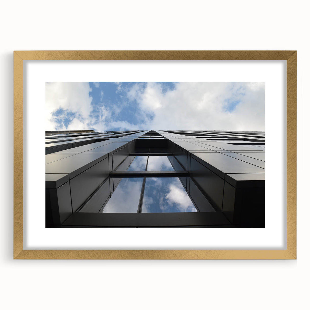Extra large abstract art print of Chicago skyline in textured gold frame, ideal for living room decor.