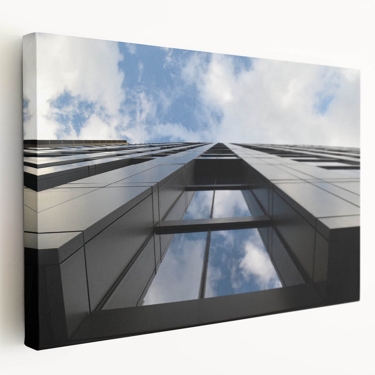 Chicago skyline in muted gray and blue tones on a large stretched canvas, suitable for kitchen wall art.