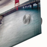 Large abstract depiction of Lake Michigan in muted blue tones on acrylic glass.