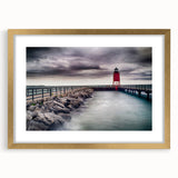 Extra large abstract art print of Lake Michigan with textured waves in muted blue and gray, framed in gold.