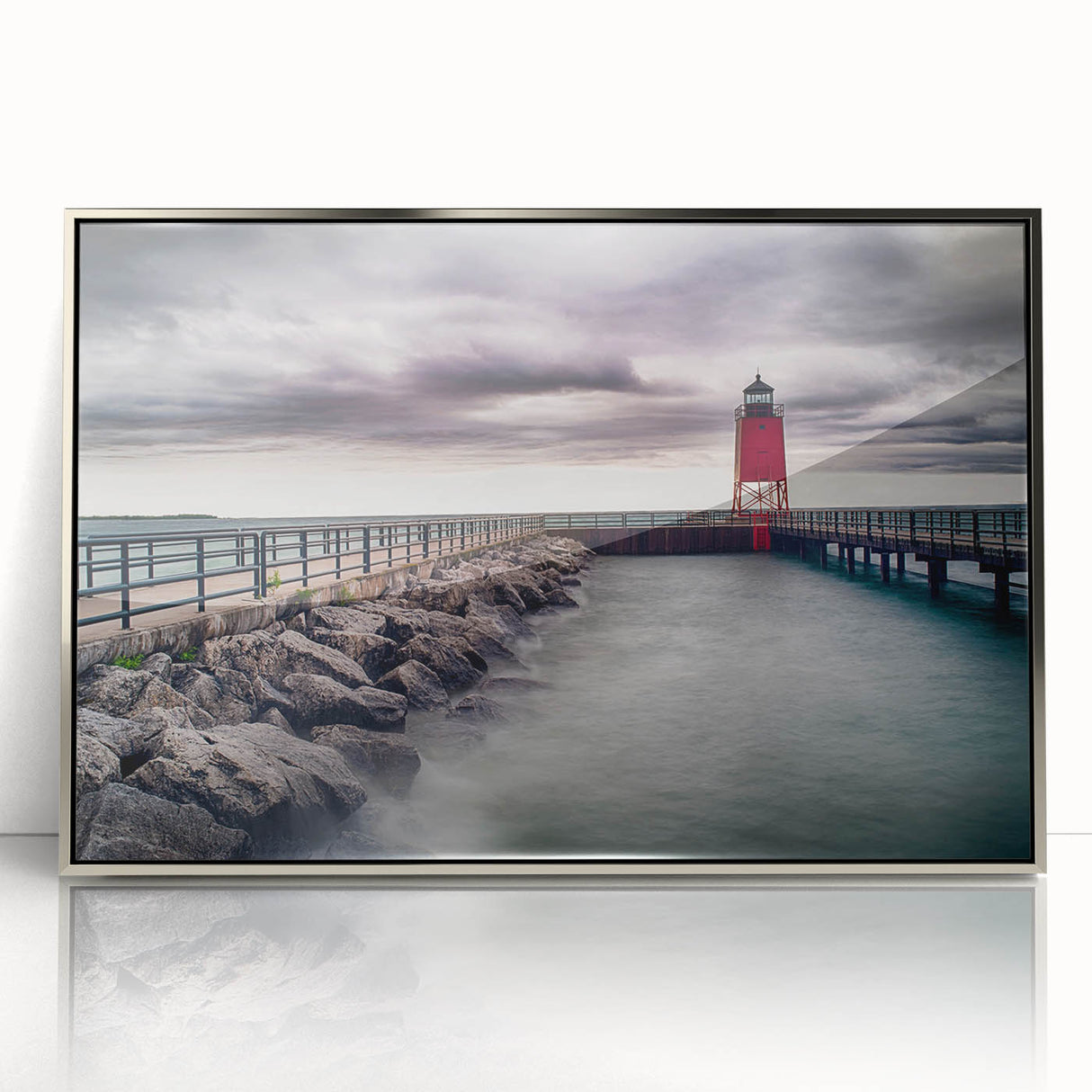 Mid-century modernist art of Lake Michigan with muted blue tones on a framed acrylic, suitable for modern art wall decor.