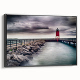 Black and white framed canvas featuring a vintage-style landscape of Lake Michigan, ideal for bedroom wall art.