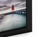 Black wall art featuring a textured depiction of Lake Michigan, with vibrant colors, in a large framed canvas format.