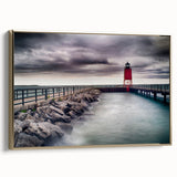 Framed canvas featuring a vintage-style landscape painting of Lake Michigan, ideal for bedroom wall art.