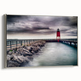 Landscape art painting of Lake Michigan with vintage poster style in a silver-framed canvas, ideal for a modern living room.