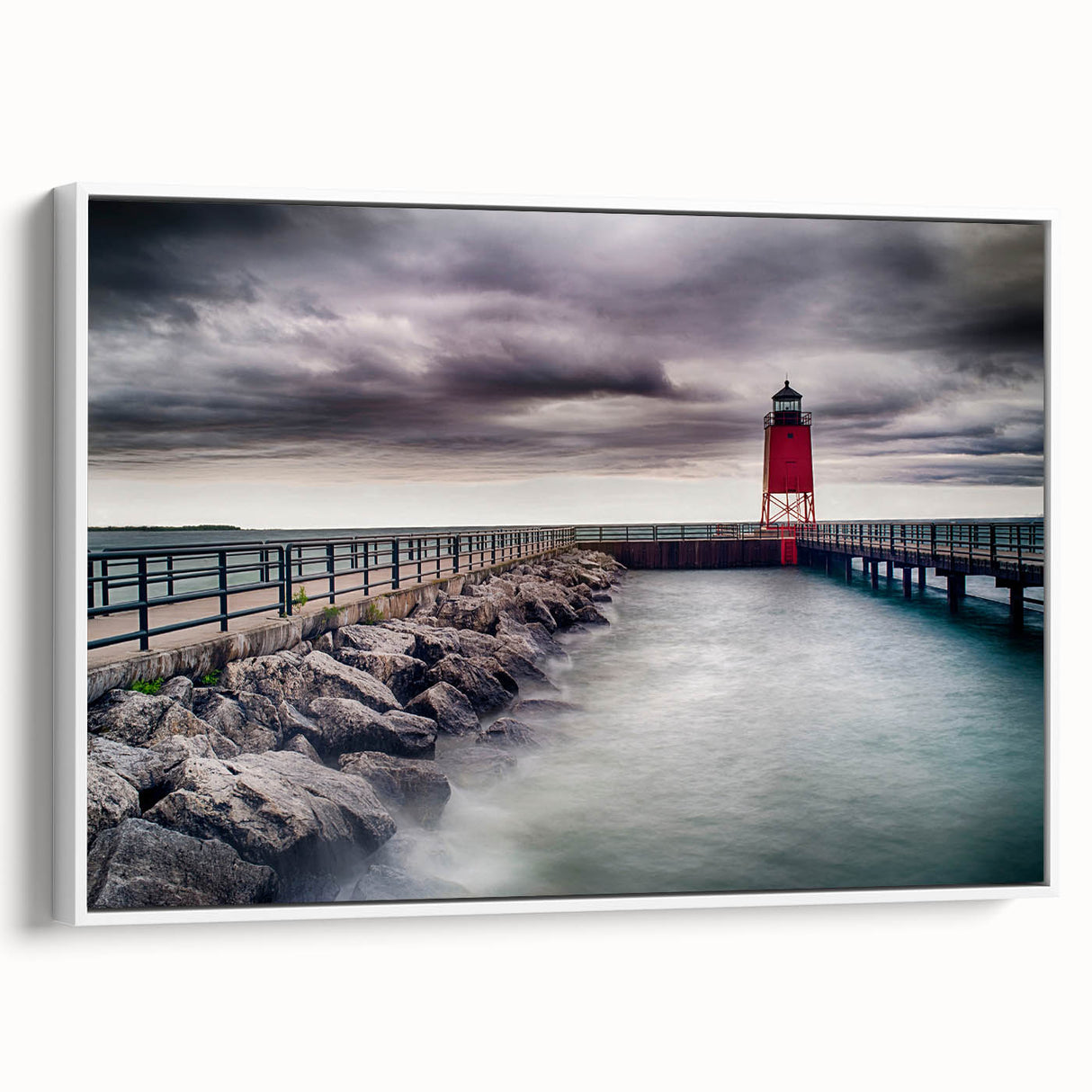 Vintage poster art of Lake Michigan on a framed canvas, featuring a blend of black and colorful hues.