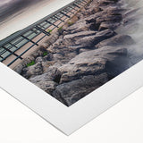 Art Deco poster of Lake Michigan with muted blue and silver hues, on rolled canvas, suitable for dining room wall art.