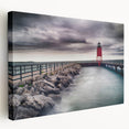Large stretched canvas depicting the Chicago skyline over Lake Michigan in muted blue and gray tones.