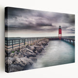 Large stretched canvas depicting the Chicago skyline over Lake Michigan in muted blue and gray tones.