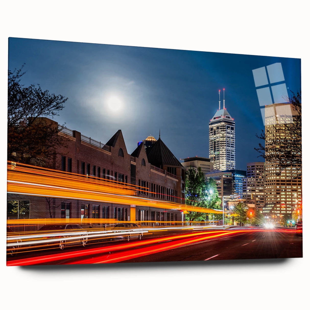 Acrylic print of abstract Indianapolis skyline in muted blue and gray, ideal for bedroom or dining room art.