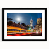 Extra large abstract art print of Indianapolis skyline featuring vibrant, colorful textures on a black framed canvas.